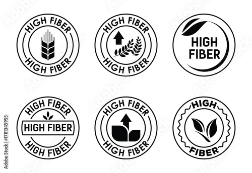 Monochrome high fiber label set with wheat and leaves icon