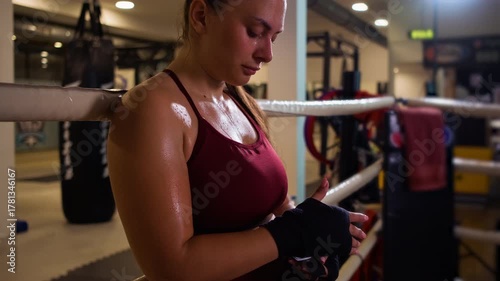 Female boxer leaning against the ropes of a boxing ring wrapping hands with boxing strap.