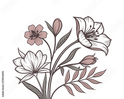 Elegant Floral Arrangement in Delicate Shades of White Pink and Gray for Wedding Invitations and Botanical Designs