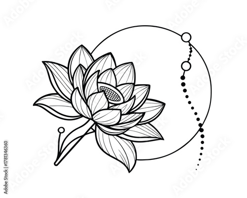 Elegant Lotus Flower Design with Geometric Accents for Tattoo or Graphic Use black and white floral illustration