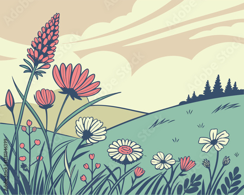 Illustrated Floral Meadow with Rolling Hills and Forest Silhouette Nature Illustration Spring Landscape Scene