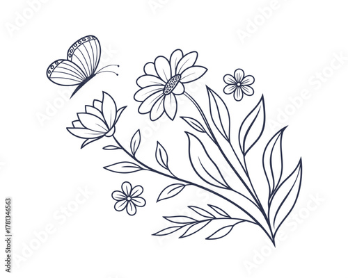 Elegant floral bouquet with butterfly outline illustration for design and decoration with daisy and small blossoms vector style
