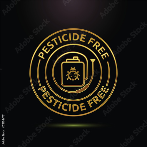 Golden pesticide free emblem with insecticide sprayer icon