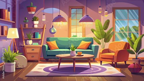 Very beautiful living room interior with a warm glowing lamp, stylish modern furniture, indoor plants, soft shadows, and a clean cozy atmosphere in a realistic home design scene.