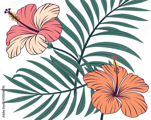 Tropical Floral Illustration with Hibiscus Flowers and Palm Leaves in Pastel Colors for Summer Designs and Beach Themes