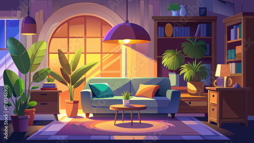 Very beautiful living room interior with a warm glowing lamp, stylish modern furniture, indoor plants, soft shadows, and a clean cozy atmosphere in a realistic home design scene.