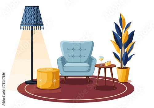 Modern home interior concept with a cozy blue armchair, yellow ottoman, and houseplant creating a tranquil relaxation corner