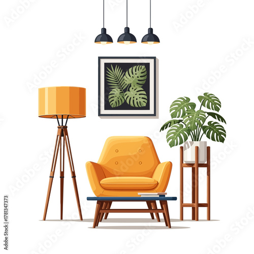 Cozy Interior with Yellow Armchair, Tropical Art, and Hanging Lights Illustration
