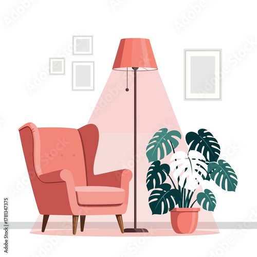 Comfortable and stylish interior design with a pink armchair, a warm floor lamp, and a vibrant Monstera plant, creating a cozy and inviting modern living room concept