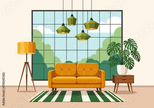 Bright and Modern Living Room Interior Illustration with Yellow Sofa, Large Window Offering Natural Views, and Stylish Decor for a Cozy Home Atmosphere