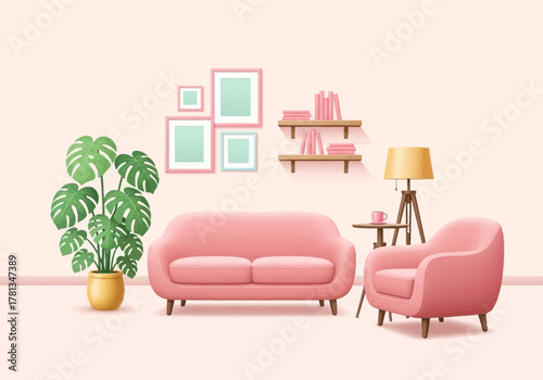 Modern living room interior design with pink furniture, potted plant, and shelving on a pastel pink wall
