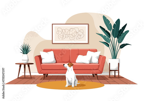 Cozy Living Room Scene with a Dog Sitting on a Rug in Front of a Sofa, Featuring Plants and Artwork