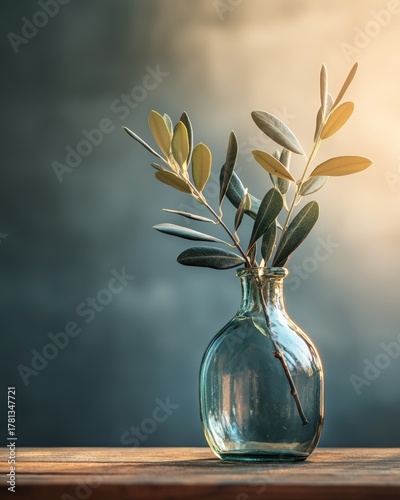 Serene Still Life of Olive Branch in Glass Bottle, Bathed in Golden Hour Light on Rustic Table