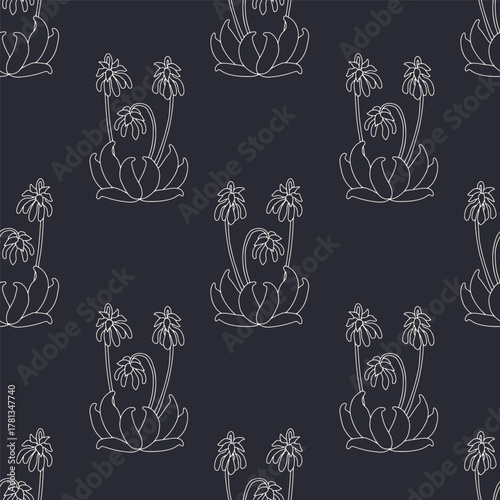 Seamless pattern with black and white canary islands flowers parrot beaks in vintage millefleur style