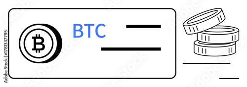 Bitcoin logo, BTC text, and transaction fields paired with stacked coins. Ideal for cryptocurrency, digital finance, blockchain, online payments, virtual currency, fintech simple flat metaphor