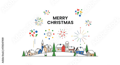 Merry christmas greeting with a charming village and colorful abstract fireworks celebrating the holiday season