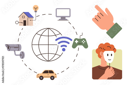Globe with wireless, smart home, CCTV, car, monitor, gaming controller connected. Hand gesture and person holding mask emphasize online privacy, security digital safety. Ideal for technology
