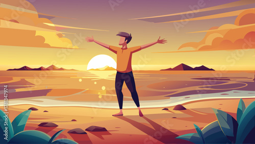 A young man standing barefoot on the beach with arms wide open, golden sunrise reflecting on calm ocean waves, expressing freedom, peace, and gratitude for life, symbolizing travel, mindfulness
