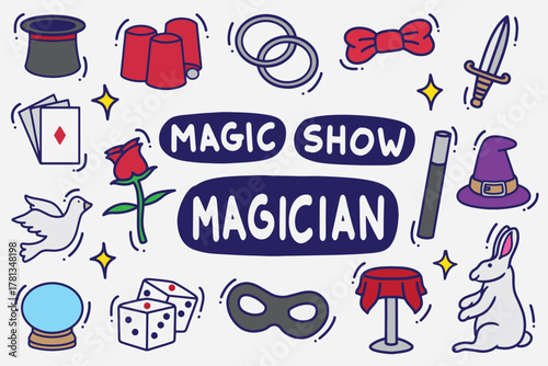set of magician tools doodle with color good for background, wallpaper, element design, icon, etc