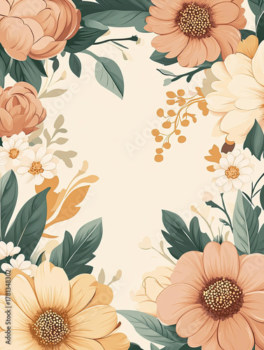 Floral pattern design featuring various flowers and leaves in soft colors, creating beautiful and harmonious composition. Perfect for backgrounds or decorative purposes