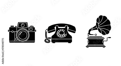Vintage technology icons: camera, telephone, phonograph silhouettes