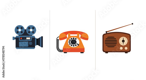 Nostalgic retro devices: vintage camera, rotary phone, and classic radio