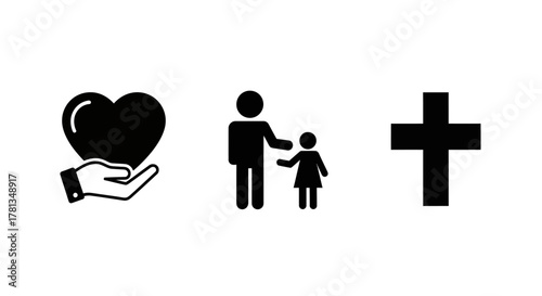 Charity symbols: heart in hand, family, faith cross in bold design