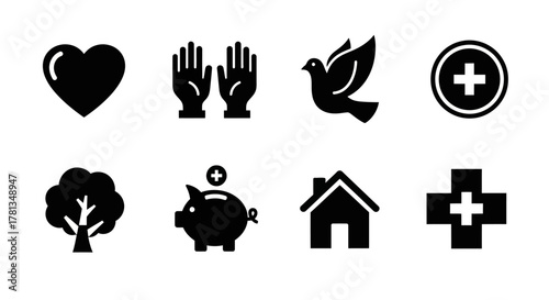 Charity and healthcare symbols: heart, hands, dove, cross, and more icons collection