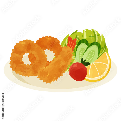イカリングとエビフライのミックスプレート　水彩風手描きベクターイラスト
