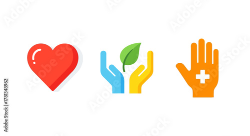 Colorful icons representing health, nature, and support in flat design