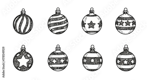 Hand drawn christmas baubles collection with stars and stripes