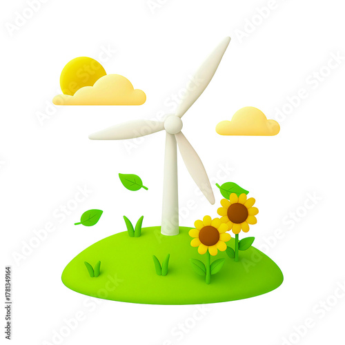 A 3D render of a stylized, cartoonish scene depicting renewable energy and nature, isolated on a transparent, isolated background. There are also two large sunflowers.