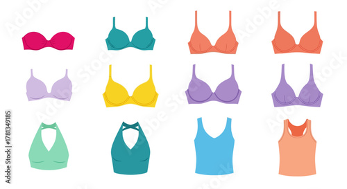Colorful collection of women's tops and bras in minimalist style