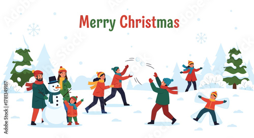 Happy family and friends enjoying a snowy winter day with a snowman and snowball fight celebrating christmas