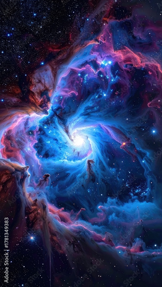 Fototapeta premium A vibrant, swirling cosmic cloud of blue and pink gas around a bright central star