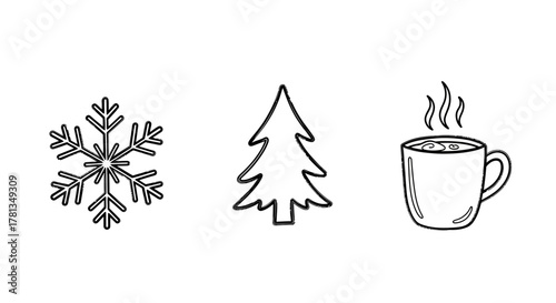 Minimalist winter icons: snowflake, tree, hot drink outlines for seasonal designs
