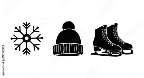 Winter silhouette icons: snowflake, beanie, ice skates for seasonal design