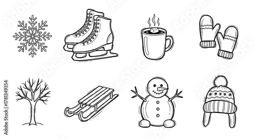 Winter line art: cozy mittens, hot cocoa, snowman, and more seasonal elements