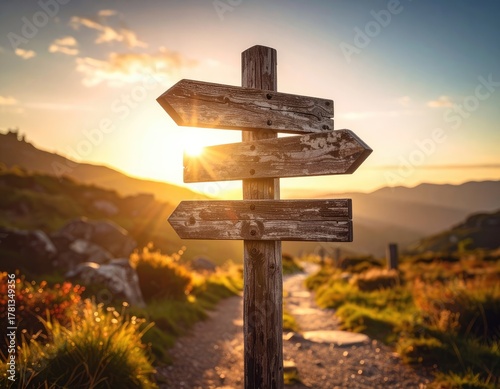 Wallpaper Mural Wooden signpost on a mountain trail at sunrise, pointing different directions Torontodigital.ca