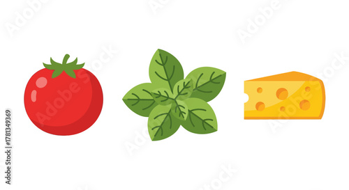 Tomato, basil, and cheese isolated on white background for culinary design
