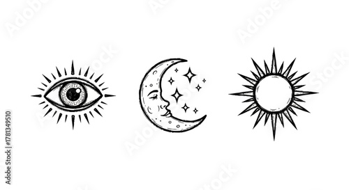 Mystical celestial symbols with sun, moon, and eye in hand drawn style