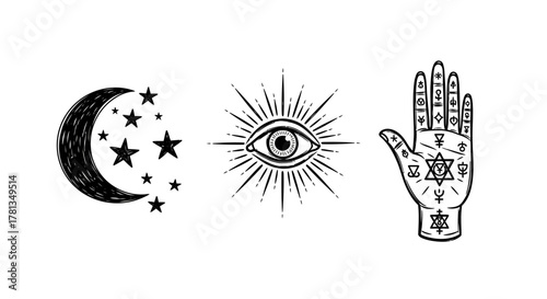 Mystical symbols collection: crescent moon, all-seeing eye, and palmistry hand art