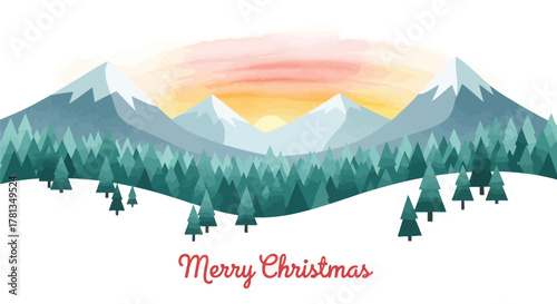 Stylized winter mountain landscape with snow covered peaks and pine trees at sunset with merry christmas text