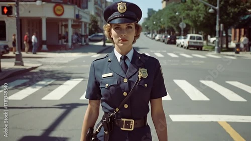 Determined Female Police Officer in Uniform Stands on Urban Crosswalk, Her Steadfast Gaze Engages the Viewer in a Bright Daytime Street Scene