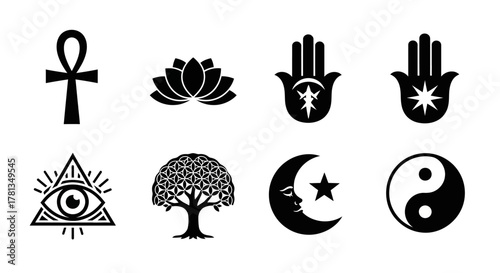 Spiritual symbols collection: ankh, lotus, hamsa, tree of life, yin yang, moon, eye, star