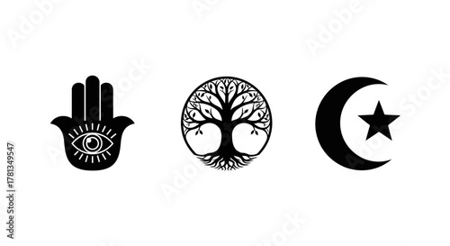 Symbolic designs featuring hamsa eye, tree of life, and star crescent in black silhouette