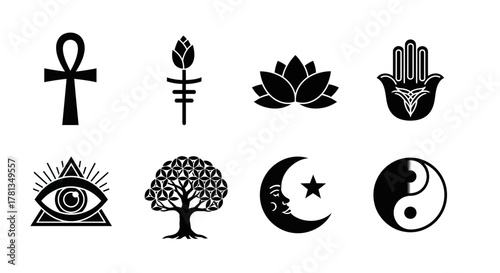 Sacred symbols collection: ancient, yin yang, lotus, hamsa, tree of life designs