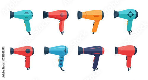 Colorful retro hair dryers collection in modern minimalist style