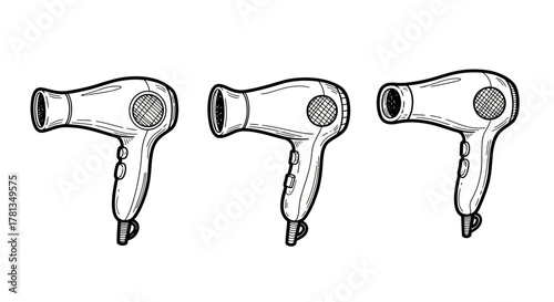 Vintage hair dryer trio in black and white sketch style