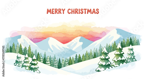 Watercolor style illustration of snow covered mountains and pine trees with a colorful sunset sky and merry christmas text